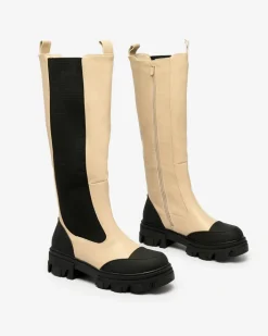 Kozaki Na Płaskim Obcasie|Kozaki Bez Ocieplenia^Royalfashion Beżowe damskie kozaki do połowy łydki Blyss beżowy