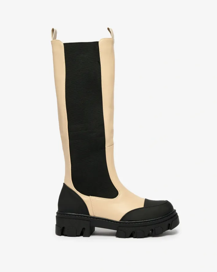 Kozaki Na Płaskim Obcasie|Kozaki Bez Ocieplenia^Royalfashion Beżowe damskie kozaki do połowy łydki Blyss beżowy