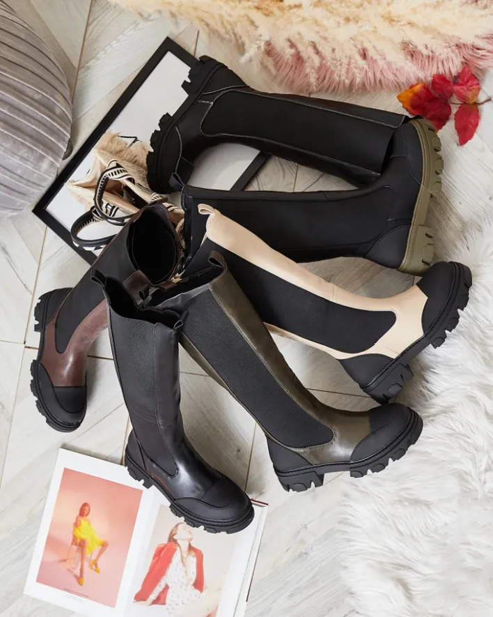 Kozaki Na Płaskim Obcasie|Kozaki Bez Ocieplenia^Royalfashion Beżowe damskie kozaki do połowy łydki Blyss beżowy