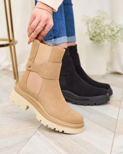 Botki Z Delikatnym Ociepleniem|Botki Na Płaskim Obcasie^Royalfashion Beżowe damskie botki z ozdobnym paskiem Doasa beżowy