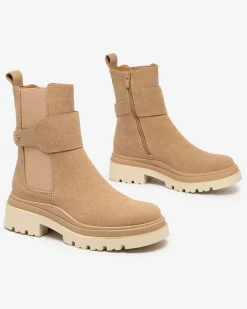 Botki Z Delikatnym Ociepleniem|Botki Na Płaskim Obcasie^Royalfashion Beżowe damskie botki z ozdobnym paskiem Doasa beżowy