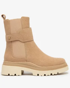 Botki Z Delikatnym Ociepleniem|Botki Na Płaskim Obcasie^Royalfashion Beżowe damskie botki z ozdobnym paskiem Doasa beżowy