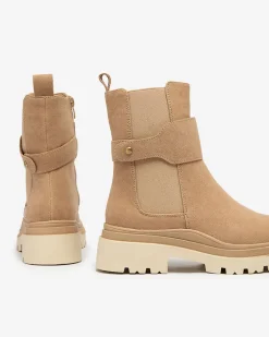 Botki Z Delikatnym Ociepleniem|Botki Na Płaskim Obcasie^Royalfashion Beżowe damskie botki z ozdobnym paskiem Doasa beżowy