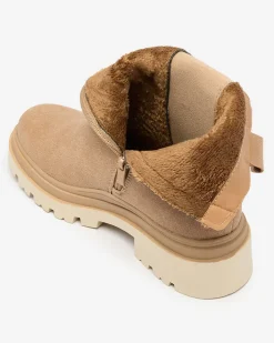 Botki Z Delikatnym Ociepleniem|Botki Na Płaskim Obcasie^Royalfashion Beżowe damskie botki z ozdobnym paskiem Doasa beżowy