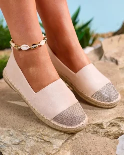 Espadryle Płaskie^Royalfashion Beżowe damskie espadryle z cyrkoniami Iterica beżowy