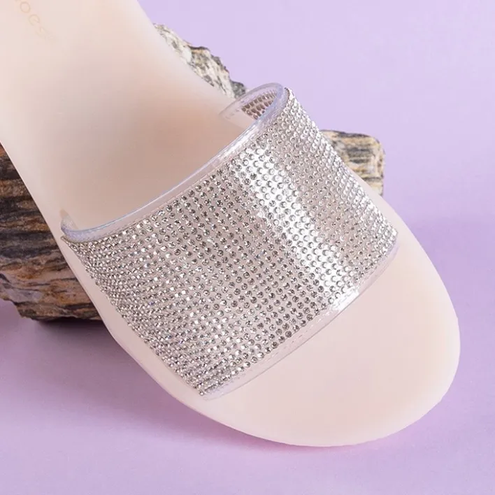 Klapki Basenowe|Klapki Płaskie^Royalfashion Beżowe damskie gumowe klapki z cyrkoniami Niamh beżowy