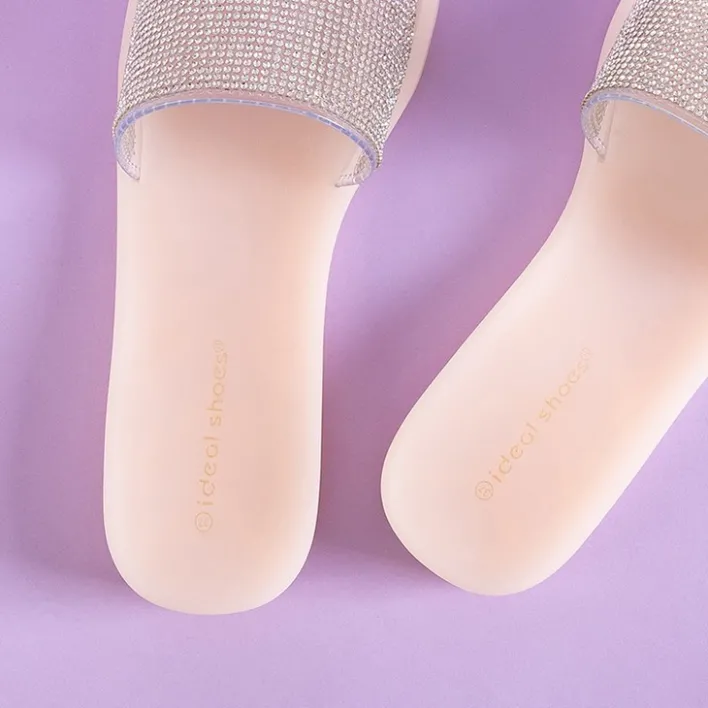 Klapki Basenowe|Klapki Płaskie^Royalfashion Beżowe damskie gumowe klapki z cyrkoniami Niamh beżowy