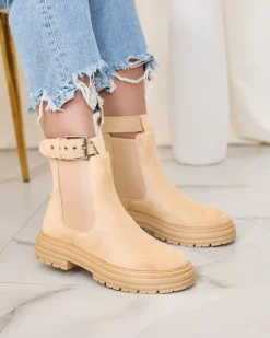 Botki Z Delikatnym Ociepleniem|Botki Na Płaskim Obcasie^Royalfashion Beżowe damskie botki z ozdobnym paskiem Loffdo beżowy