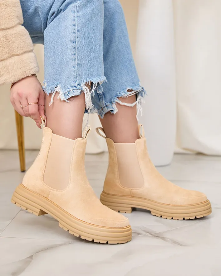 Botki Z Delikatnym Ociepleniem|Botki Na Płaskim Obcasie^Royalfashion Beżowe damskie botki z ozdobnym paskiem Loffdo beżowy