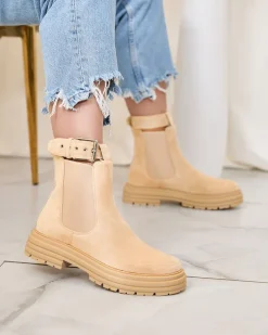 Botki Z Delikatnym Ociepleniem|Botki Na Płaskim Obcasie^Royalfashion Beżowe damskie botki z ozdobnym paskiem Loffdo beżowy