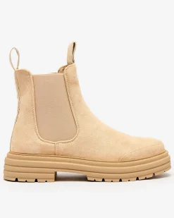 Botki Z Delikatnym Ociepleniem|Botki Na Płaskim Obcasie^Royalfashion Beżowe damskie botki z ozdobnym paskiem Loffdo beżowy