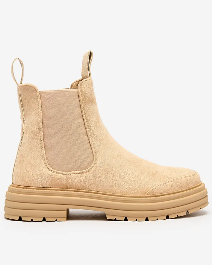 Botki Z Delikatnym Ociepleniem|Botki Na Płaskim Obcasie^Royalfashion Beżowe damskie botki z ozdobnym paskiem Loffdo beżowy