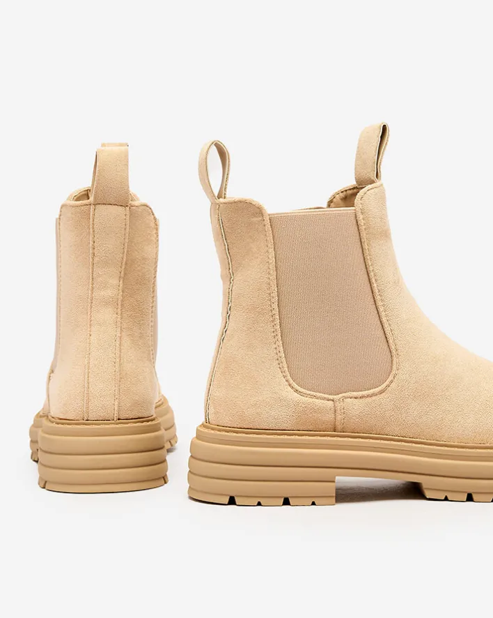 Botki Z Delikatnym Ociepleniem|Botki Na Płaskim Obcasie^Royalfashion Beżowe damskie botki z ozdobnym paskiem Loffdo beżowy