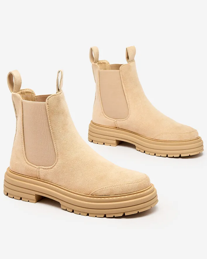 Botki Z Delikatnym Ociepleniem|Botki Na Płaskim Obcasie^Royalfashion Beżowe damskie botki z ozdobnym paskiem Loffdo beżowy