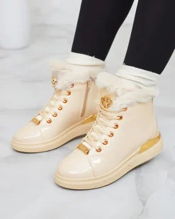 Botki Z Grubym Ociepleniem|Botki Na Płaskim Obcasie^Royalfashion Beżowe lakierowane damskie ocieplane botki Sylnina beżowy