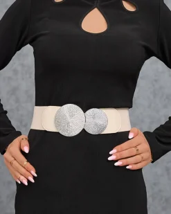 Paski^Royalfashion Beżowy damski pasek elastyczny ze srebrną klamrą srebrny