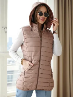 Kurtki / Marynarki / Płaszcze^Royalfashion Bezrękawnik damski z odpinanym kapturem jasny brązowy