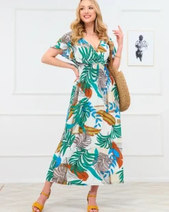 Sukienki Letnie|Sukienki Długie^Royalfashion Biała damska długa sukienka z kolorowym roślinnym wzorem biały