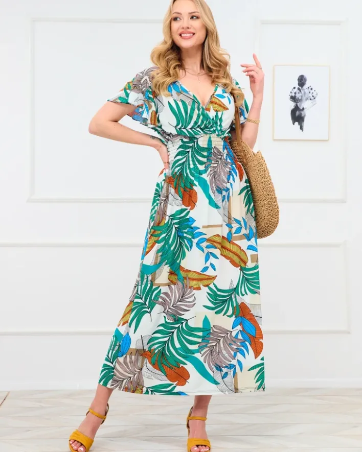 Sukienki Letnie|Sukienki Długie^Royalfashion Biała damska długa sukienka z kolorowym roślinnym wzorem biały