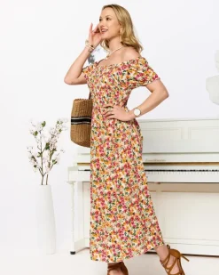 Sukienki Letnie|Sukienki Długie^Royalfashion Biała sukienka damska midi we wzór w kwiaty biały