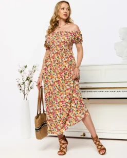 Sukienki Letnie|Sukienki Długie^Royalfashion Biała sukienka damska midi we wzór w kwiaty biały