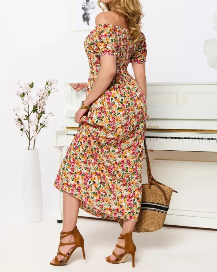 Sukienki Letnie|Sukienki Długie^Royalfashion Biała sukienka damska midi we wzór w kwiaty biały