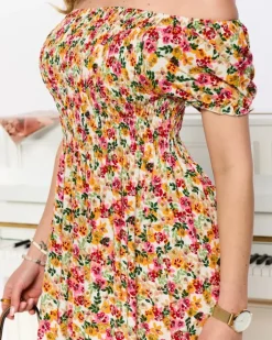 Sukienki Letnie|Sukienki Długie^Royalfashion Biała sukienka damska midi we wzór w kwiaty biały