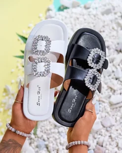 Klapki Basenowe|Klapki Płaskie^Royalfashion Białe klapki damskie z kryształkami Azazel biały