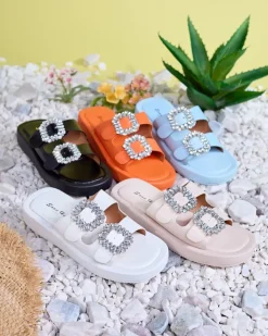 Klapki Basenowe|Klapki Płaskie^Royalfashion Białe klapki damskie z kryształkami Azazel biały