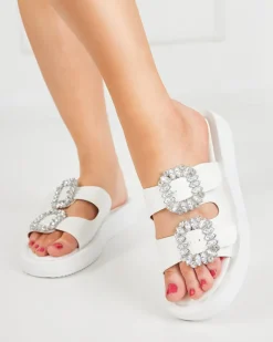 Klapki Basenowe|Klapki Płaskie^Royalfashion Białe klapki damskie z kryształkami Azazel biały