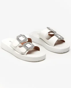 Klapki Basenowe|Klapki Płaskie^Royalfashion Białe klapki damskie z kryształkami Azazel biały