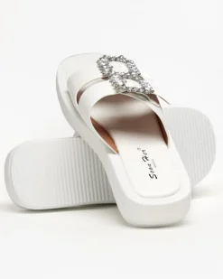 Klapki Basenowe|Klapki Płaskie^Royalfashion Białe klapki damskie z kryształkami Azazel biały