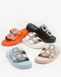 Klapki Basenowe|Klapki Płaskie^Royalfashion Białe klapki damskie z kryształkami Azazel biały