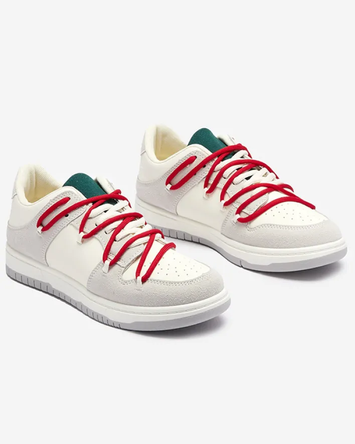 Sneakersy^Royalfashion Biało - szare sportowe sneakersy damskie z mi sznurówkami Olierinc czerwony