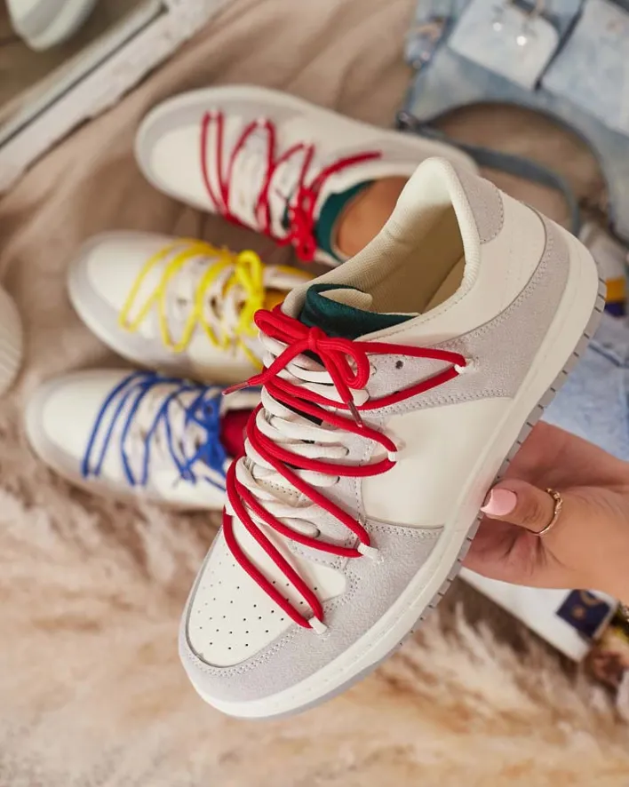 Sneakersy^Royalfashion Biało - szare sportowe sneakersy damskie z mi sznurówkami Olierinc czerwony