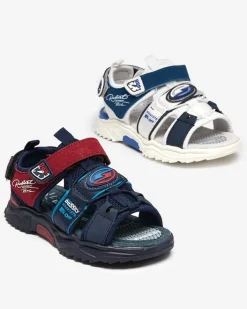 Chłopięce^Royalfashion Biało-granatowe chłopięce sandały na rzepy Roserro Granatowy