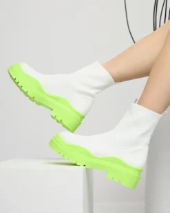 Botki Bez Ocieplenia|Botki Na Płaskim Obcasie^Royalfashion Biało-zielone botki damskie na płaskim obcasie Seritis neon