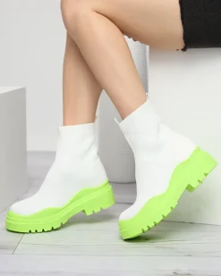 Botki Bez Ocieplenia|Botki Na Płaskim Obcasie^Royalfashion Biało-zielone botki damskie na płaskim obcasie Seritis neon