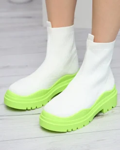 Botki Bez Ocieplenia|Botki Na Płaskim Obcasie^Royalfashion Biało-zielone botki damskie na płaskim obcasie Seritis neon