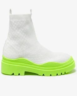 Botki Bez Ocieplenia|Botki Na Płaskim Obcasie^Royalfashion Biało-zielone botki damskie na płaskim obcasie Seritis neon