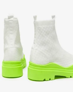 Botki Bez Ocieplenia|Botki Na Płaskim Obcasie^Royalfashion Biało-zielone botki damskie na płaskim obcasie Seritis neon