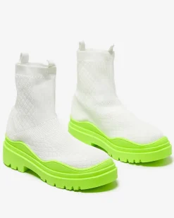 Botki Bez Ocieplenia|Botki Na Płaskim Obcasie^Royalfashion Biało-zielone botki damskie na płaskim obcasie Seritis neon