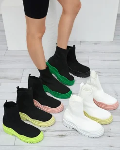 Botki Bez Ocieplenia|Botki Na Płaskim Obcasie^Royalfashion Biało-zielone botki damskie na płaskim obcasie Seritis neon