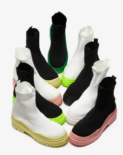 Botki Bez Ocieplenia|Botki Na Płaskim Obcasie^Royalfashion Biało-zielone botki damskie na płaskim obcasie Seritis neon