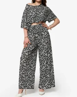 Komplety Damskie^Royalfashion damski plisowany komplet w czarne kwiatki biały