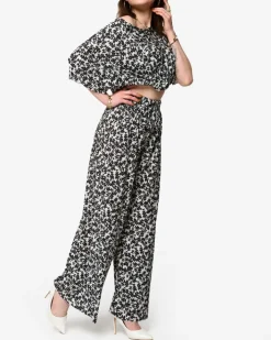 Komplety Damskie^Royalfashion damski plisowany komplet w czarne kwiatki biały