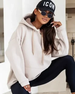Bluzy^Royalfashion Bluza damska z kapturem oversize beżowy