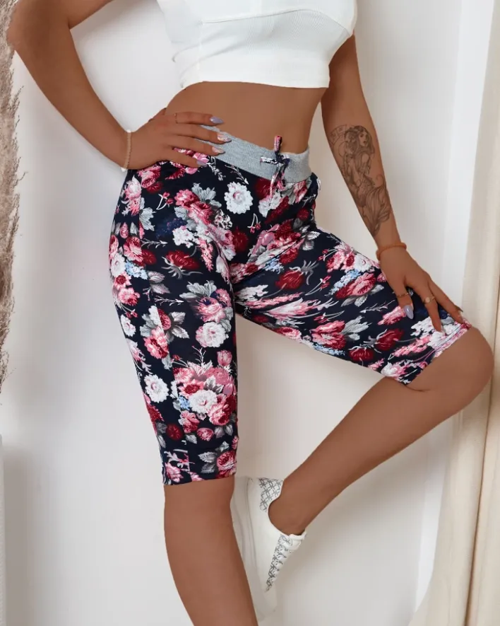 Spodenki 3/4|Krótkie Spodenki^Royalfashion Bordowe damskie spodenki 3/4 z kwiatowym wzorem Granatowy