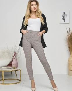 Legginsy / Tregginsy^Royalfashion Bordowo- czarne ocieplane damskie tregginsy w kratkę Bordowy