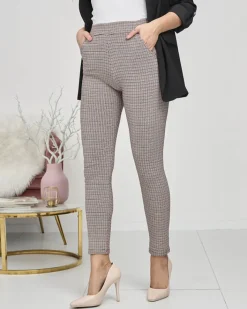 Legginsy / Tregginsy^Royalfashion Bordowo- czarne ocieplane damskie tregginsy w kratkę Bordowy